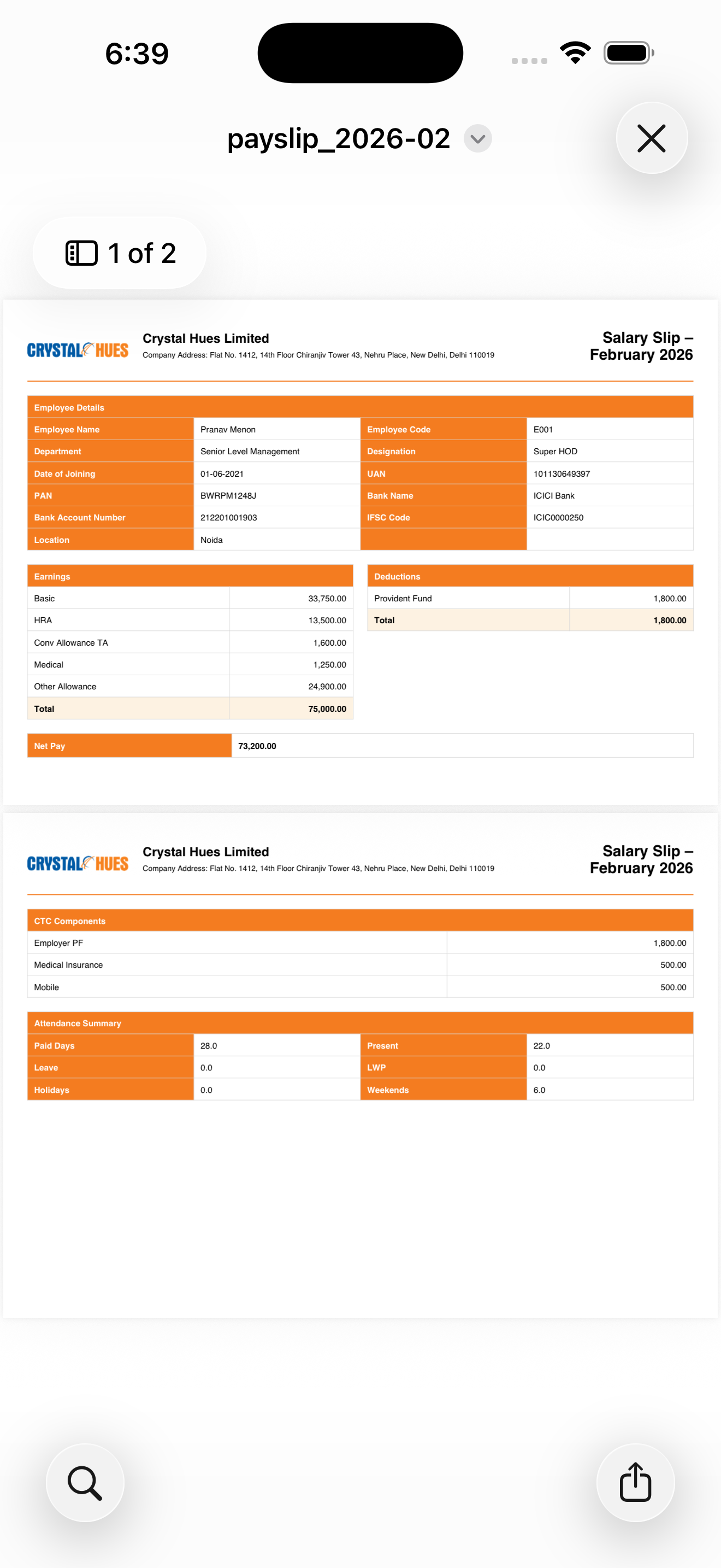 HRSoft mobile salary slip PDF view